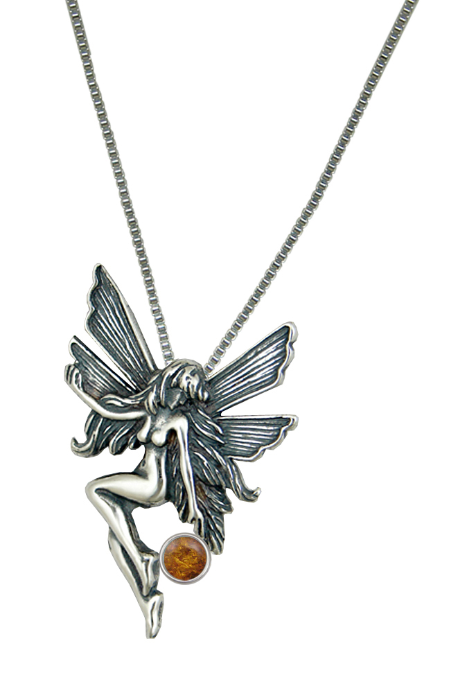 Sterling Silver Fairy Pendant Necklace With Amber